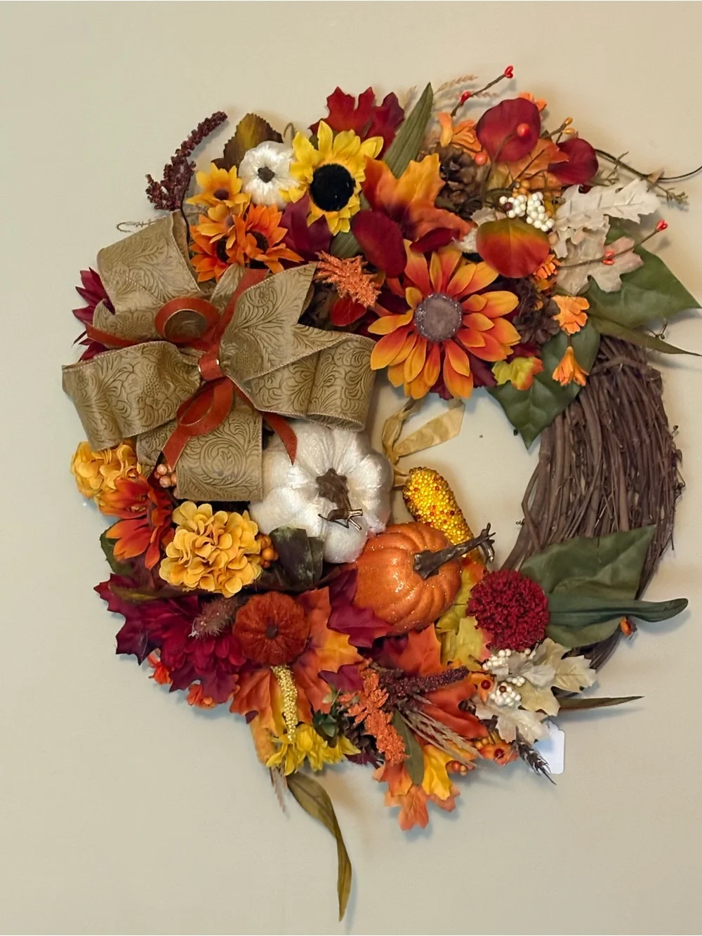Autumn Harvest Fall Wreath with Pumpkin Accents - Orange & Gold